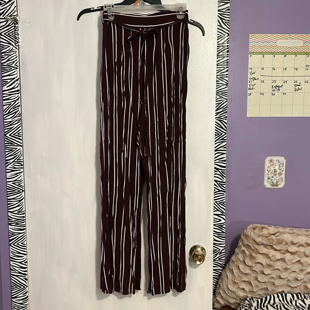 Maroon striped lightweight straight pants